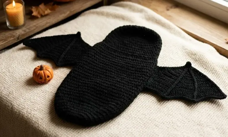 Black crocheted bat wings newborn cocoon laid flat on a white blanket with a small pumpkin prop