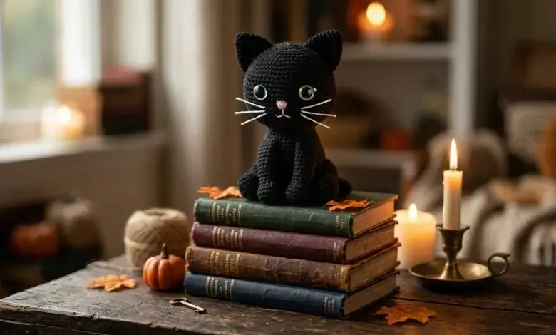 Black crocheted cat amigurumi with embroidered whiskers sitting on vintage books by candlelight