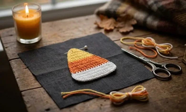 Flat crocheted candy corn appliqué in orange, yellow, and white pinned to dark fabric with scissors nearby