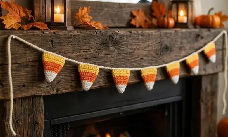 Crocheted candy corn garland in orange, yellow, and white hanging across a rustic wooden mantel