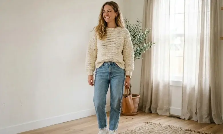 Woman wearing a cream chunky oversized drop-shoulder crochet pullover with jeans in a bright natural home interior