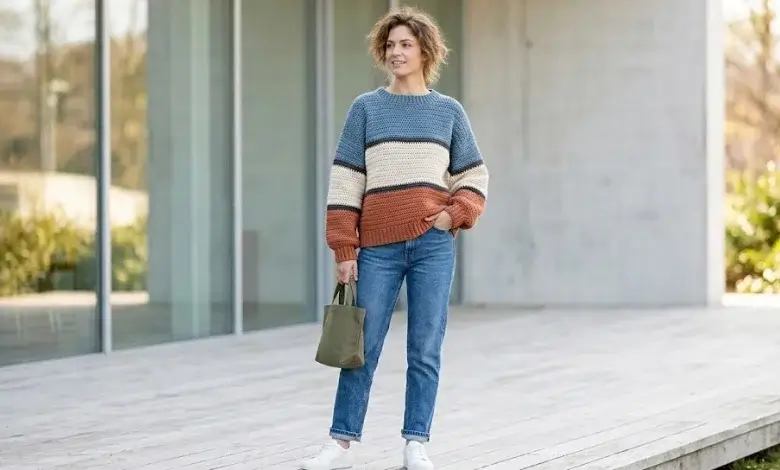 Woman wearing a dusty blue cream and terracotta colorblock striped oversized crochet sweater with jeans in a modern exterior setting