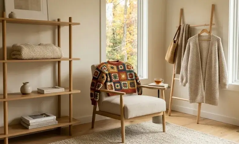 ollection of free oversized crochet sweater patterns styled in a modern home setting with chunky pullover granny square and cardigan designs