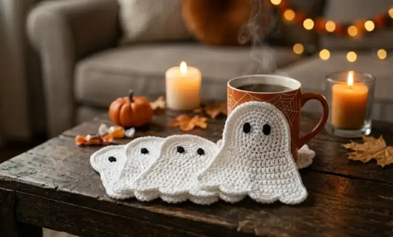 Set of white crocheted ghost coasters on a coffee table with a steaming mug and candles