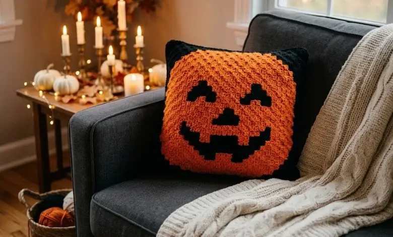 Orange and black C2C crocheted jack-o-lantern throw pillow on a dark grey armchair