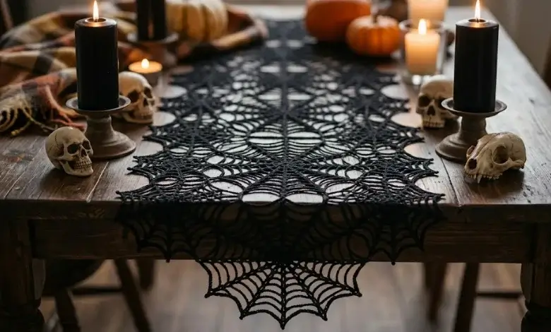 Black crocheted lace spiderweb table runner on dark wood dining table with candles and skulls