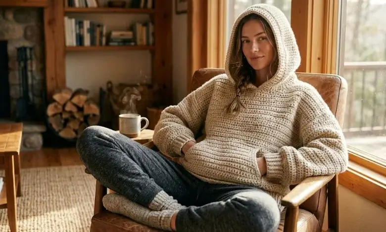 Woman wearing an oatmeal beige chunky hooded crochet sweater with front pocket sitting in a cozy cabin armchair with steaming mug