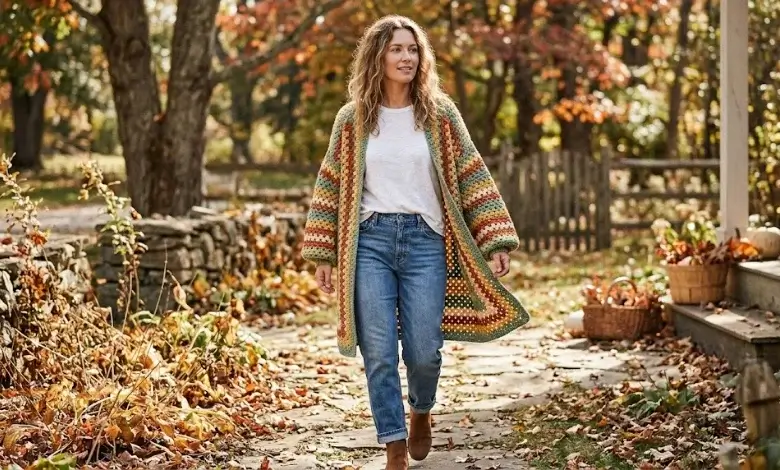 Woman wearing a long oversized granny stripe crochet cardigan in sage green mustard rust and cream walking in an autumn American garden