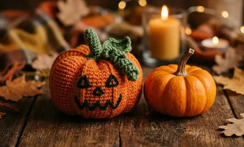 Orange crocheted jack-o-lantern amigurumi with green stem beside a real pumpkin on rustic wood