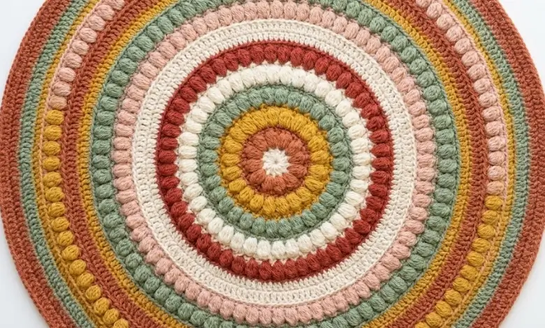 Circular crochet mandala blanket flat lay with alternating puff stitch rings in terracotta mustard sage and blush