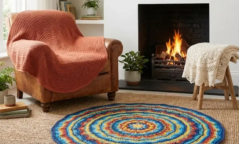 Free circular crochet blanket patterns collection in a cozy living room