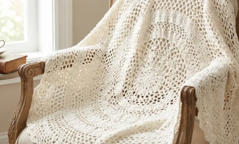 Delicate ivory white lace circular crochet throw with open stitch pattern draped over a vintage wooden armchair