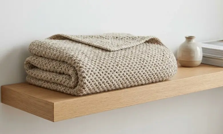 Oatmeal beige circular crochet lap blanket in moss stitch texture folded on a light oak shelf in minimalist interior