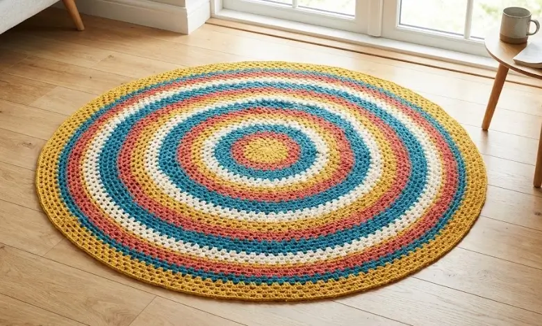 Colorful circular granny stitch crochet blanket in mustard yellow coral teal and cream laid flat on wood floor