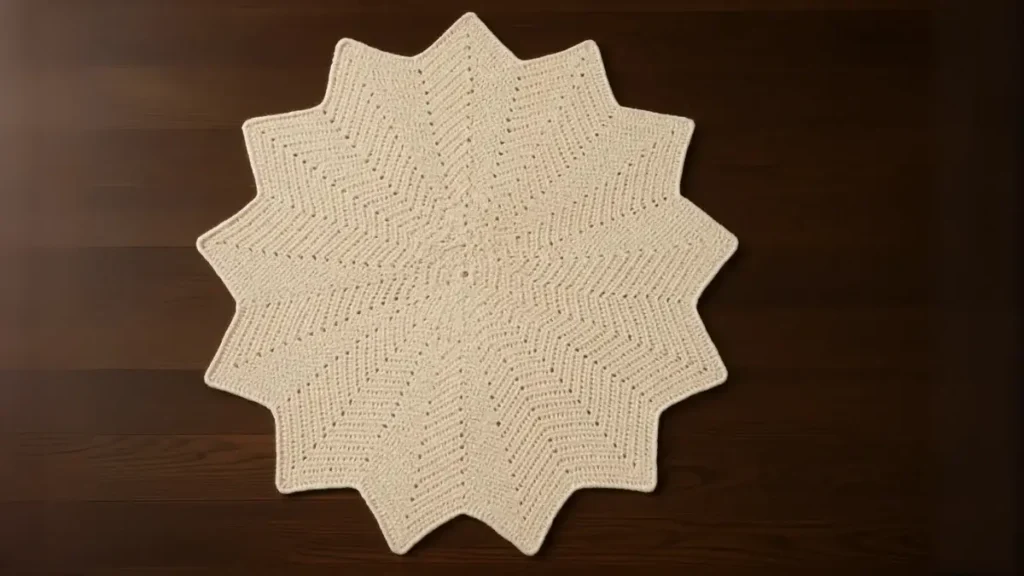 Cream 12-point symmetrical star blanket crochet pattern on dark hardwood floor, nearly circular design, 48-inch diameter