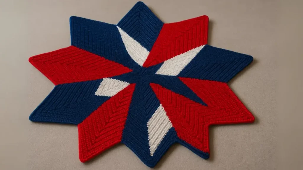 3D geometric star blanket in red white and blue triangular sections, optical illusion crochet pattern, 52-inch diameter