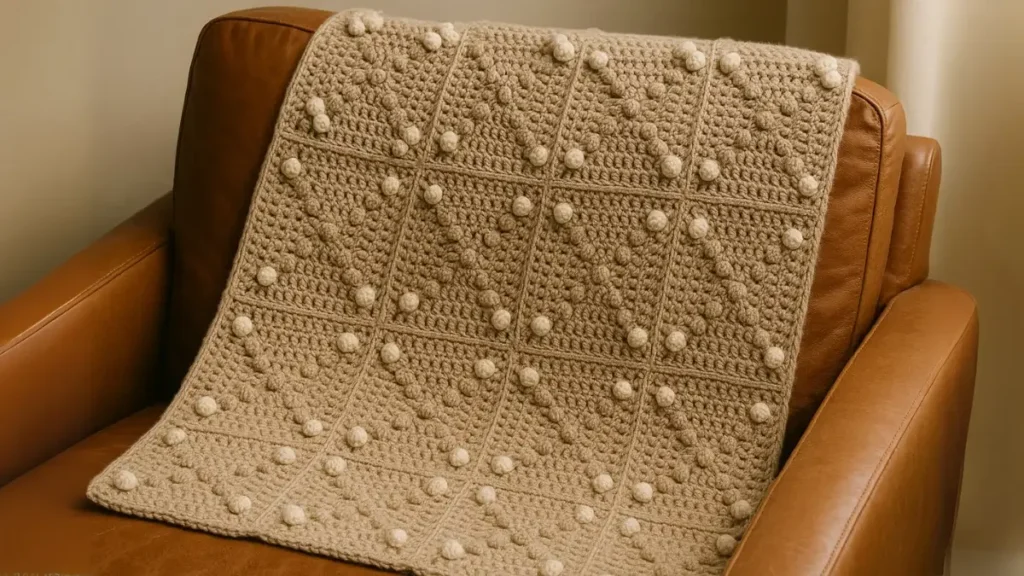 Textured bobble granny square throw with raised cream bobbles on beige background