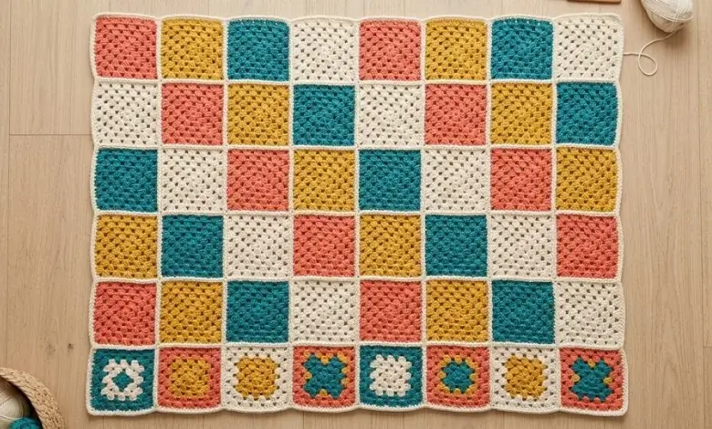 Classic granny square crochet blanket with 48 squares in coral mustard teal and cream laid flat on a light wood floor