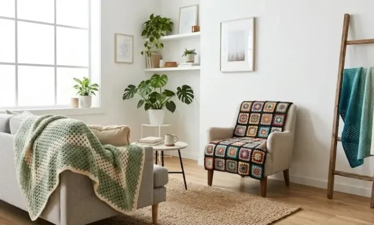Collection of free granny square blanket patterns styled in a modern American living room with sage green multicolor and teal crochet afghans
