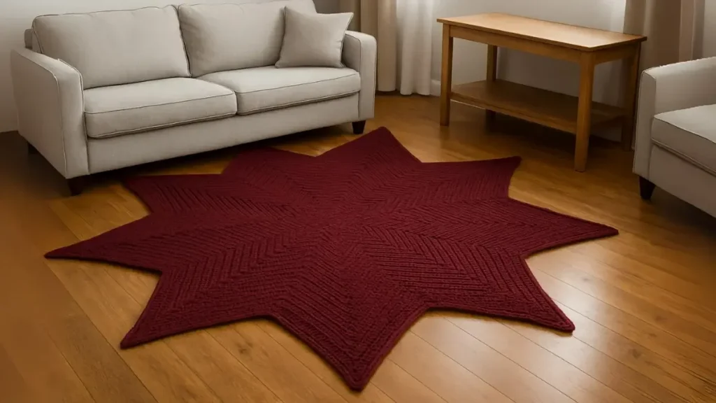 Giant burgundy star blanket covering living room floor, 72-inch diameter statement piece crochet pattern, massive scale design