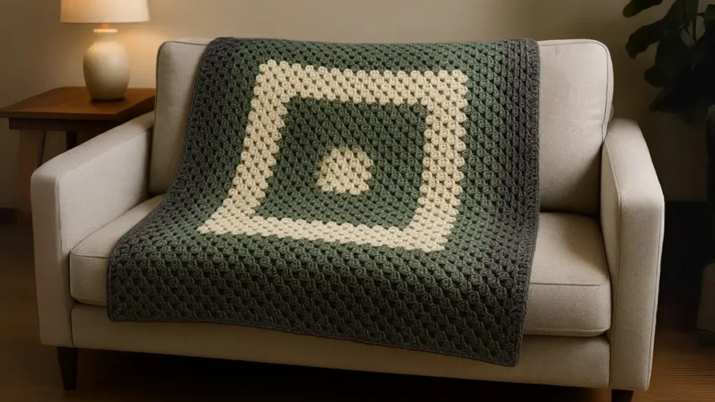 A beautiful giant single granny square afghan in cream, sage green, and charcoal colors draped over a modern gray sofa