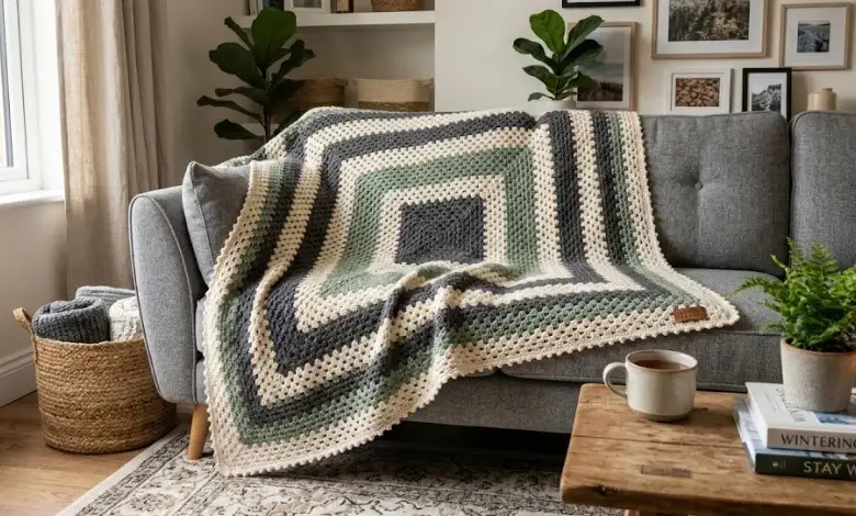 Oversized single granny square crochet blanket in sage green cream and charcoal draped over a gray sofa in a cozy living room