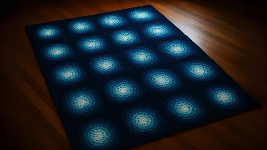 Dramatic gradient ring granny squares in cream to navy ombre creating bullseye effect