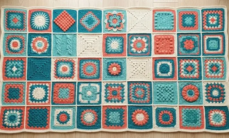 Large granny square sampler crochet blanket with 35 different motif variations in teal coral and cream color palette flat lay