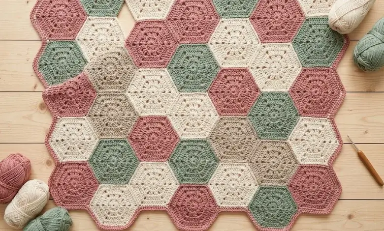 Hexagonal granny motif crochet blanket in honeycomb arrangement with dusty rose cream and sage green flat lay on light wood surface