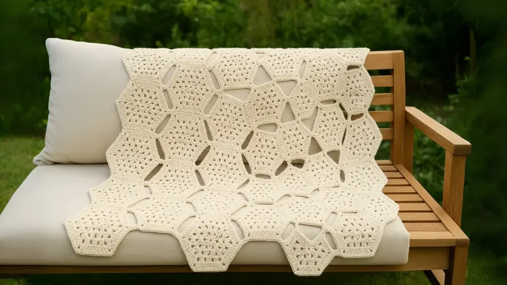 Elegant hexagonal granny motifs creating honeycomb pattern in cream yarn on outdoor daybed