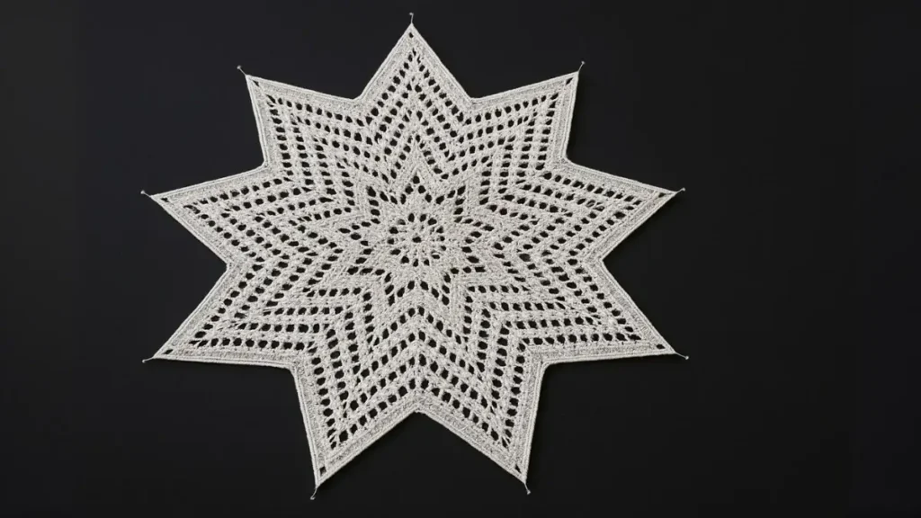 White lace star blanket with openwork pattern properly blocked and pinned, delicate crochet design against dark background, 45-inch diameter