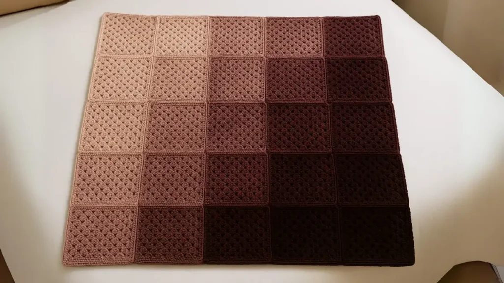 Stunning ombre granny square blanket featuring 24 squares in dusty pink to deep burgundy gradient