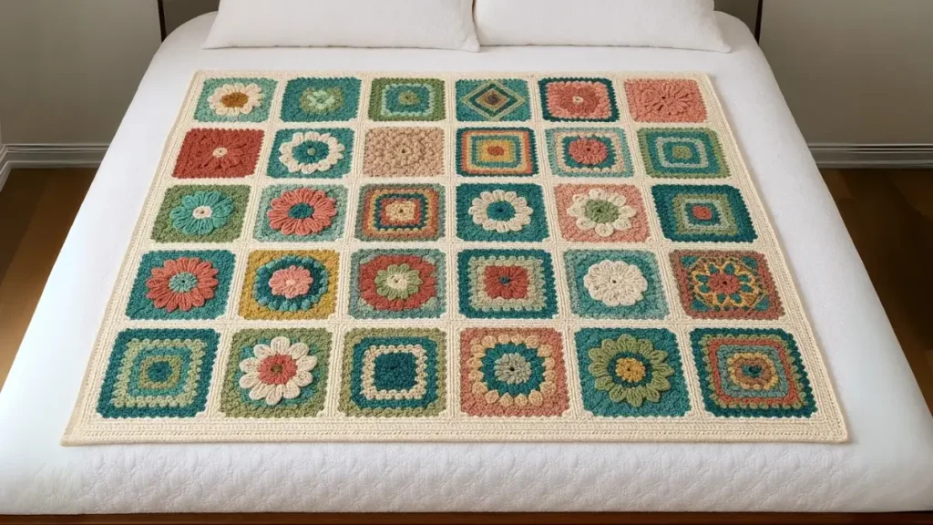 35-square granny sampler afghan featuring different patterns in coordinated teal, coral, and cream colors