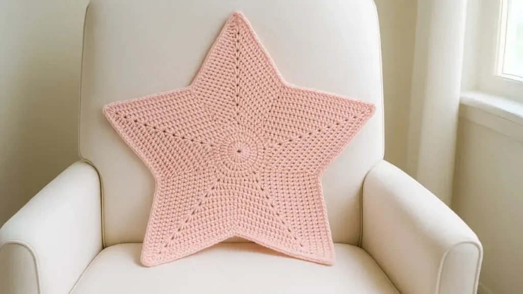 Pink 5-point star baby blanket crochet pattern on white nursery chair, beginner-friendly design with even stitches, 30-inch diameter
