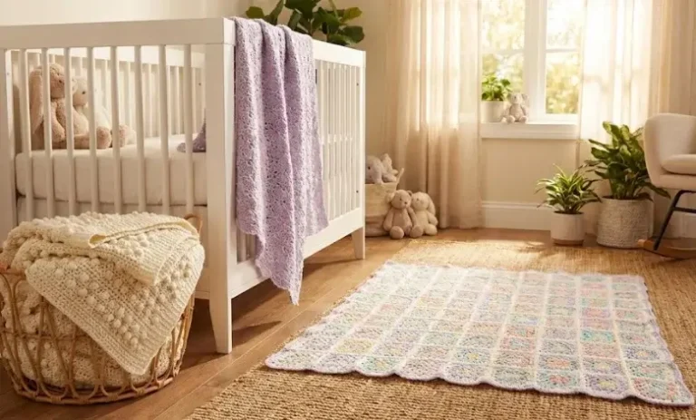 Collection of soft handmade free baby afghan crochet patterns in pastel colors arranged in a cozy nursery setting