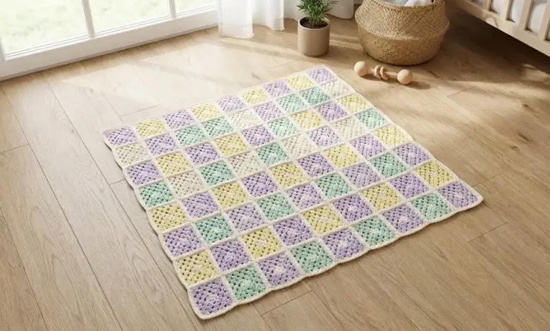 Pastel granny square baby crochet blanket in lavender yellow mint and white laid flat on a light wood nursery floor