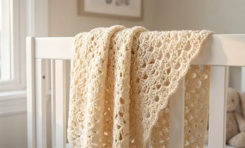 Delicate vanilla cream lace shell stitch baby crochet blanket with open airy pattern draped over a white wooden crib rail