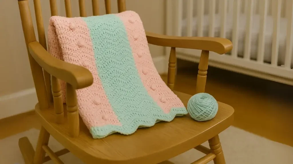 Pastel ripple baby blanket featuring subtle bobble rows, displayed on a nursery rocking chair.