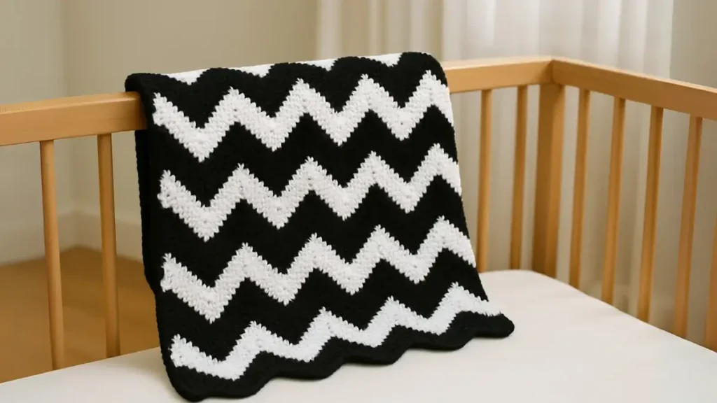 Black-and-white chevron baby ripple blanket folded neatly on a white crib.