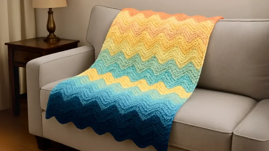 Soft ombré ripple crochet blanket in coral, peach, gold, and cream draped over a sofa.