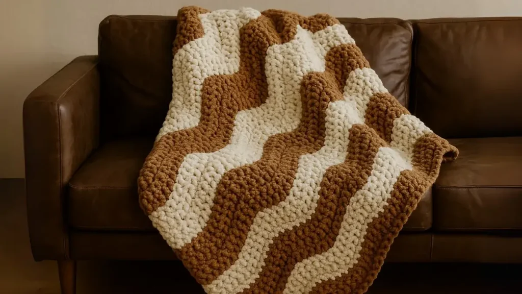 Super bulky ripple crochet blanket in cream and taupe draped over a rustic wooden sofa.