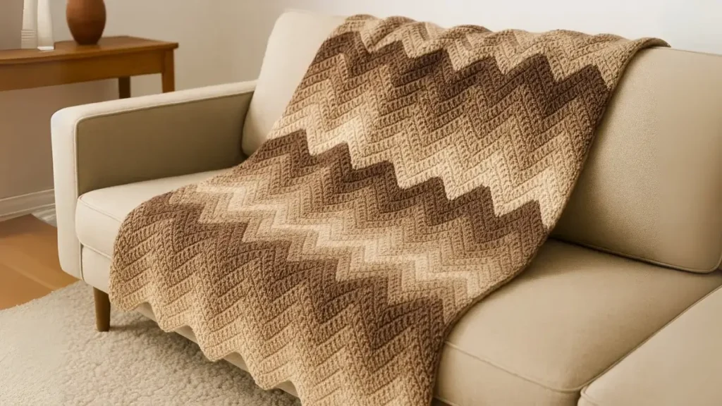 Earth-tone ripple blanket with narrow waves in beige, terracotta, and muted orange over an armchair.