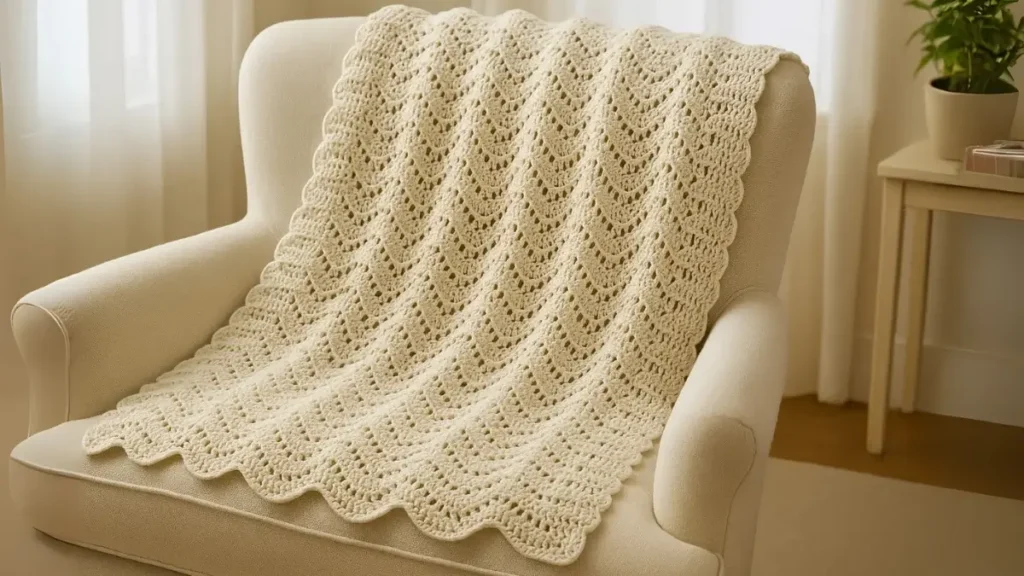 Cream lace ripple crochet throw with openwork eyelets draped over a vintage wooden chair.
