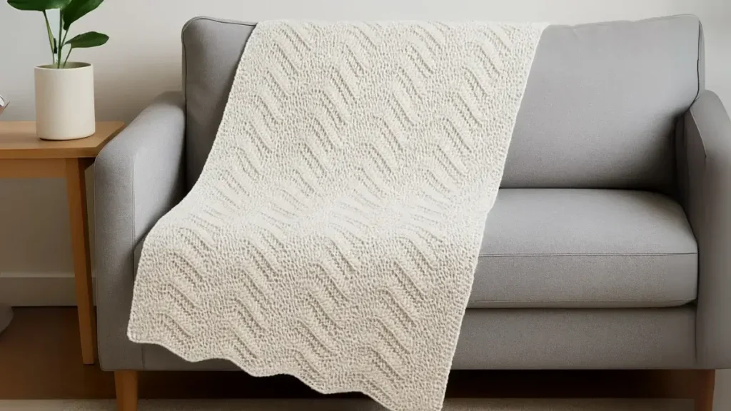 Solid light gray ripple crochet throw draped over a minimalist sofa, showing clean wave textures.