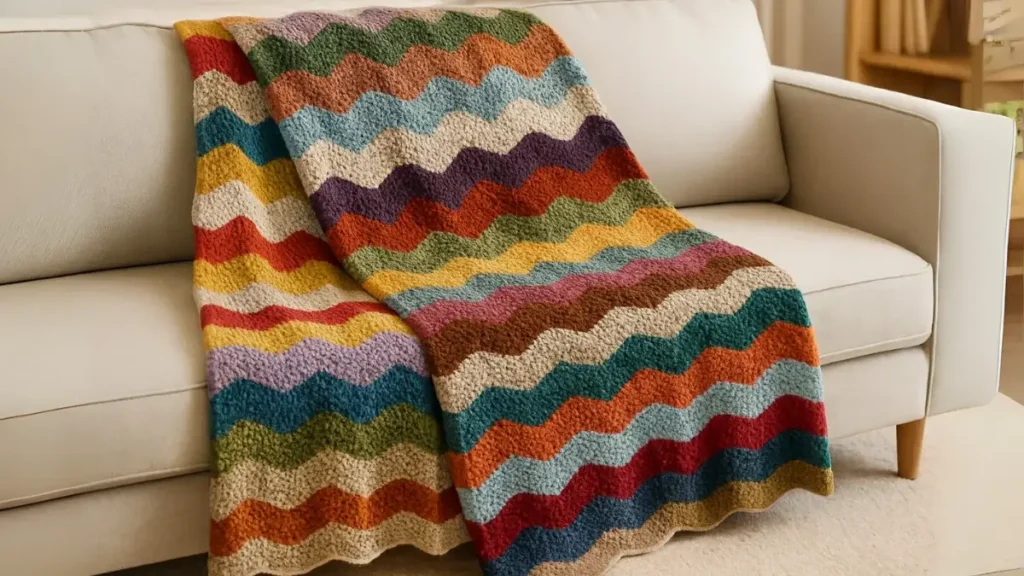 Multicolor ripple blanket made from leftover yarn scraps, draped casually over a sofa.