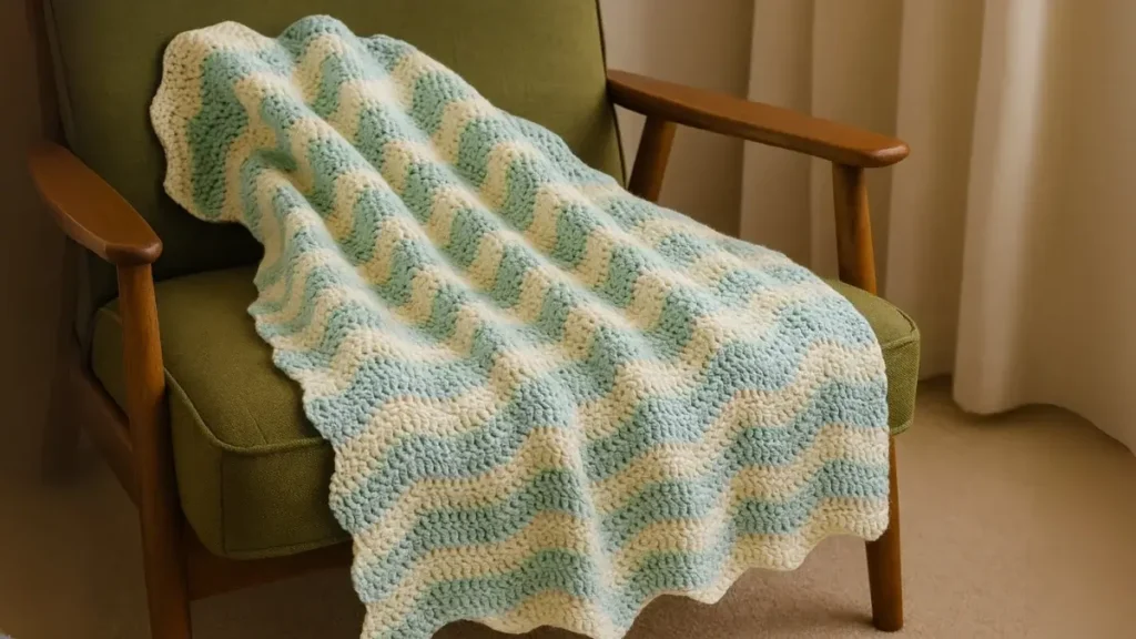 Pastel ripple crochet lapghan with airy drape displayed on an armchair with a book nearby.