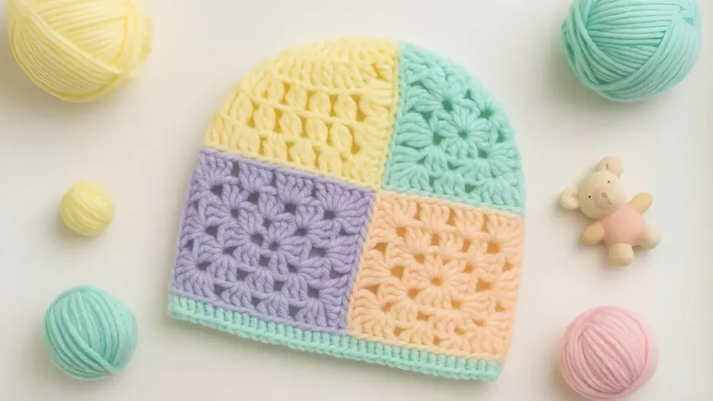 Colorful crochet baby hat made from granny squares