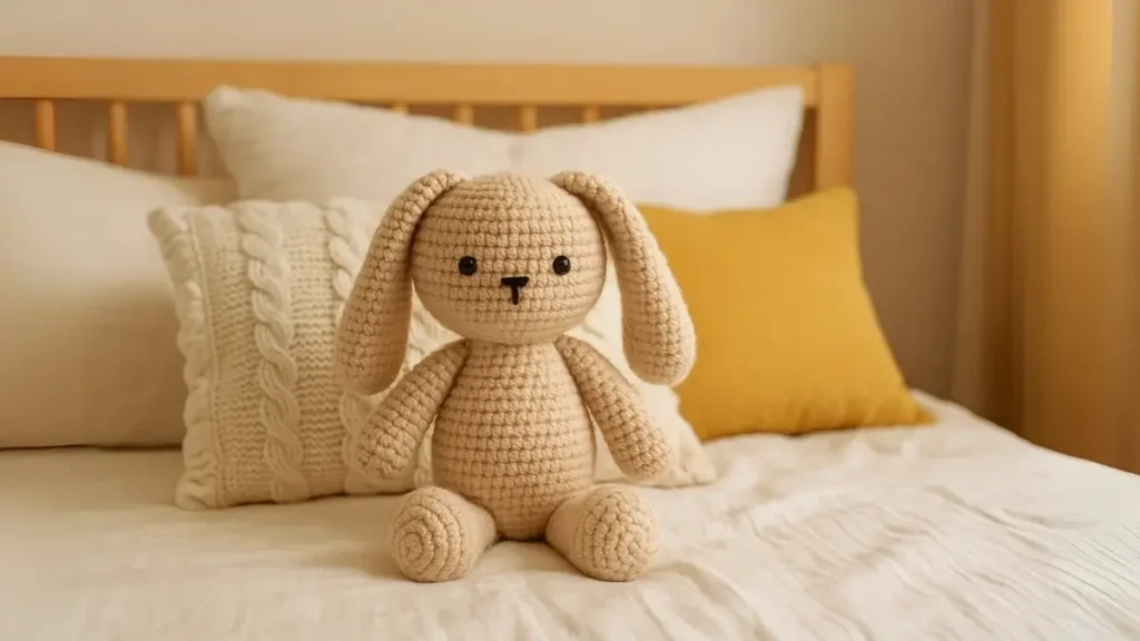 Handmade crochet plush bunny with floppy ears, soft beige yarn.