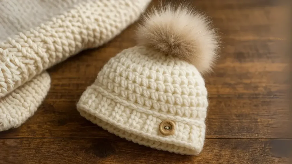 White chunky crochet baby hat with faux fur pom-pom