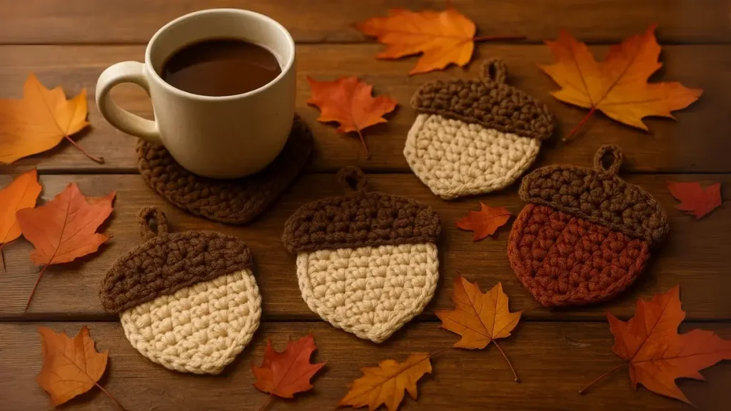 Crochet acorn-shaped coasters on rustic table